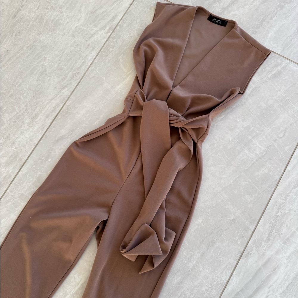 ANGL Taupe Jumpsuit with Waist Tie